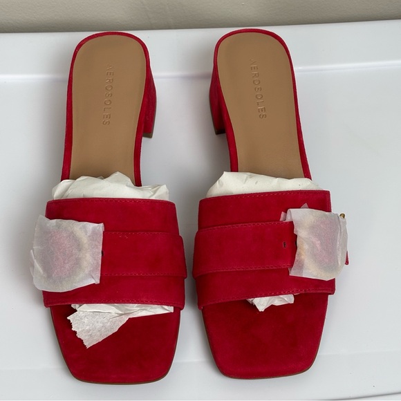 Aerosoles Evvie Red Suede Sandals Size 9 Slip On Leather Buckle Block Heel - Picture 2 of 7